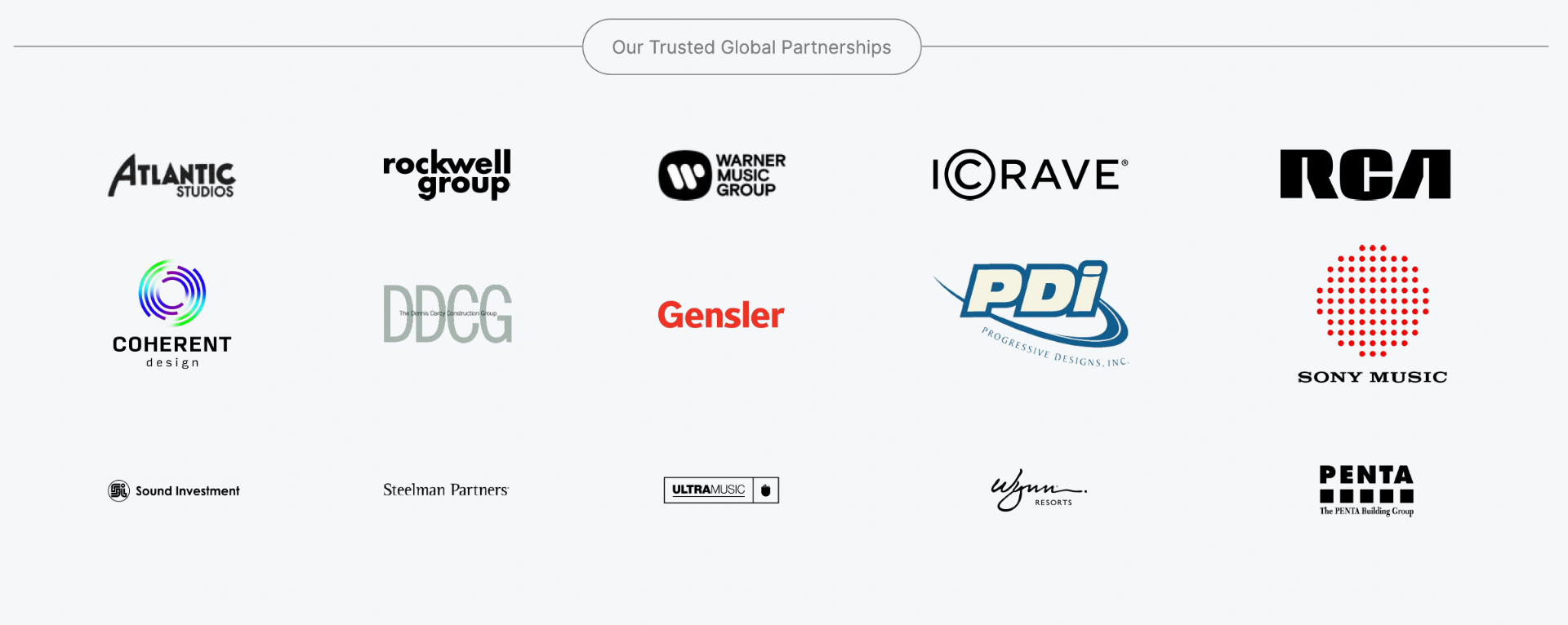 Atlantic Studios, Rockwell Group, Warner Music Group, ICRAVE, RCA, Coherent Design, DDCG, Gensler, PDI, Sony Music, Sound Investment, Steinway Partners, Ultra Music, Wynn, Penta